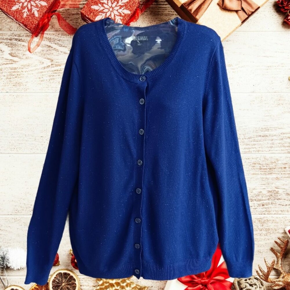 Original Nicole Miller Womens Knit Sweater Cardigan Long Blue Metallic Size L